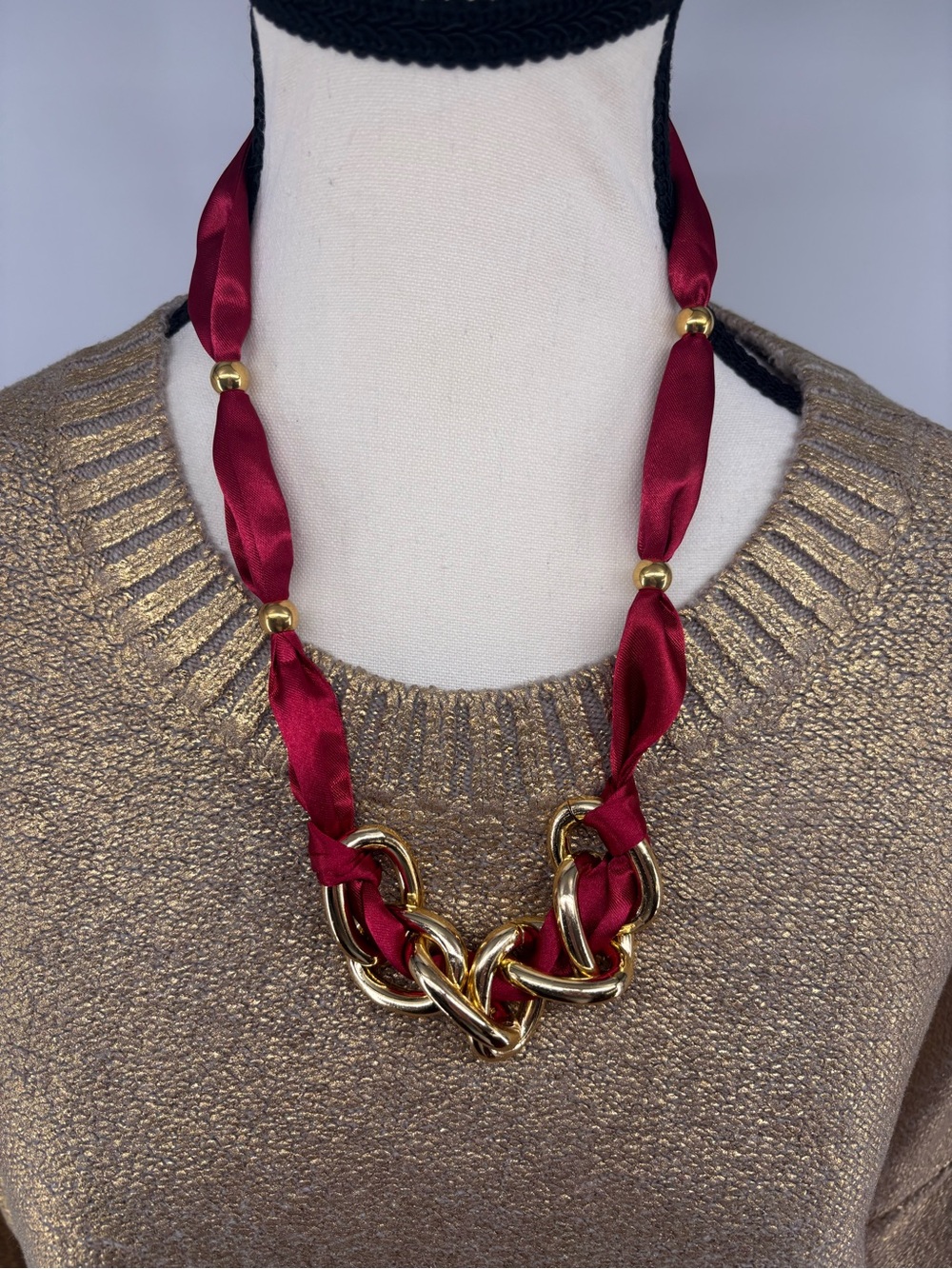 Boutique Gold Chain & Burgundy Satin Knot Necklace Perfect for Football  season